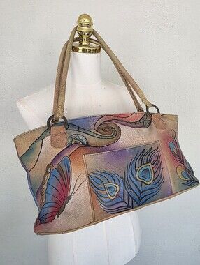 Anuschka Hand Painted Leather Shoulder Bag Peacock Butterfly Purse Wearable Art